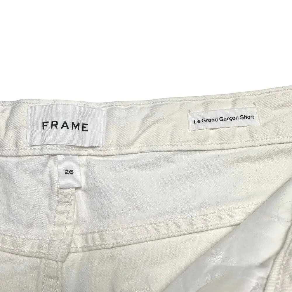 FRAME | Women | Le Grand Garcon Off White Distressed Denim Cut Off Shorts | 26 - Picture 7 of 13